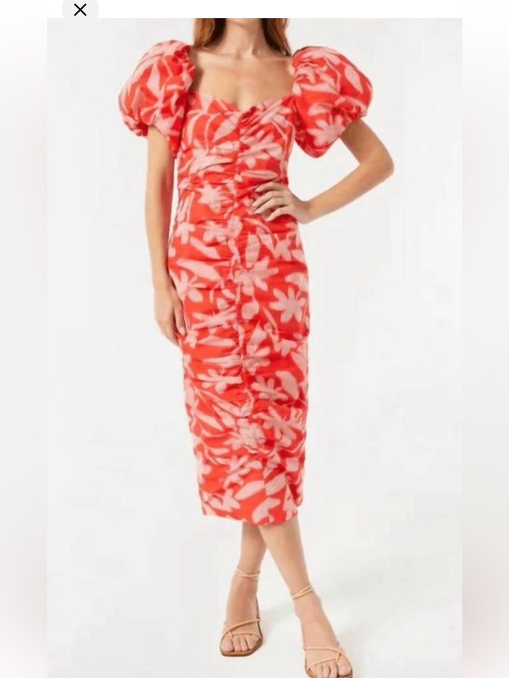 RHODE Red and white Tessa Floral Puff-Sleeve Midi Dress